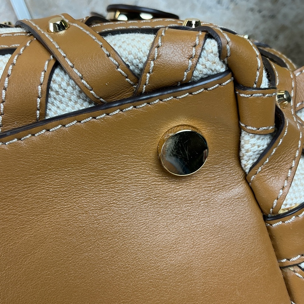 Michael‎ Kors Brooklyn Brown Gold Studded Woven Leather Canvas Shoulder Bag - Picture 15 of 16